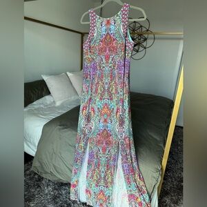London Times Paisley Maxi Dress Womens 12 Red Green Slits Wedding Guest Cocktail